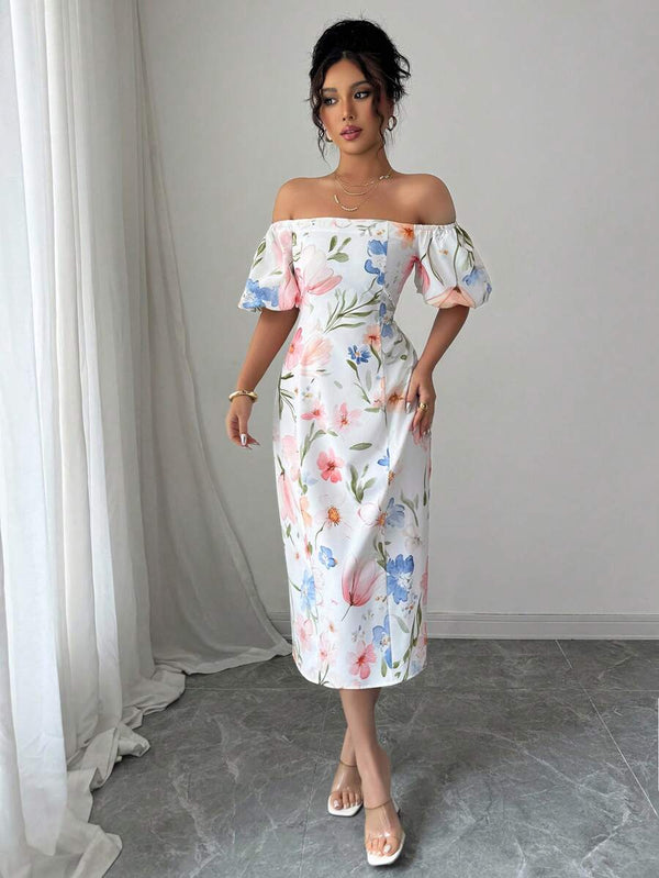 Vestido midi elegante con estampado floral y escote off shoulder