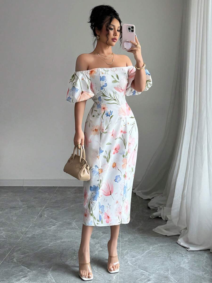 Vestido elegante midi floral con hombros descubiertos vista frontal