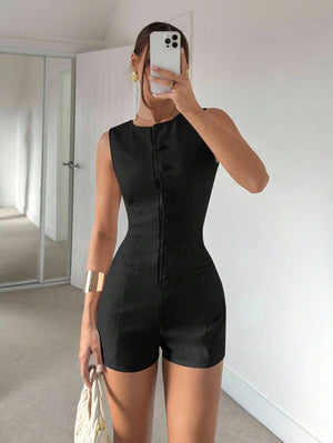 Romper Negro Tipo Chaleco Con Botones Frontales