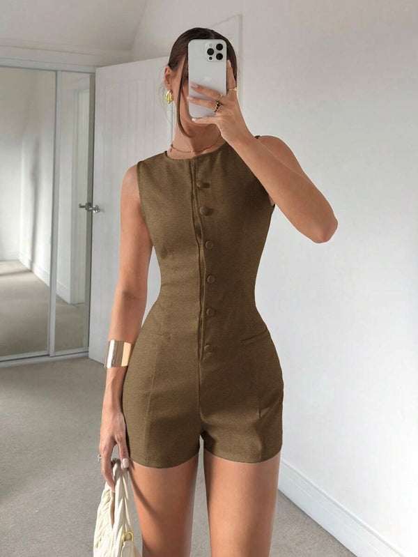 Romper Estilo Chaleco Con Botones Café