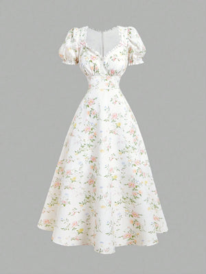 Vestido Floral Midi Bohemio A Línea – Escote Corazón