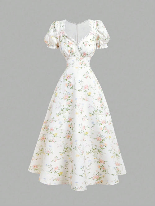 Vestido Floral Midi Bohemio A Línea – Escote Corazón