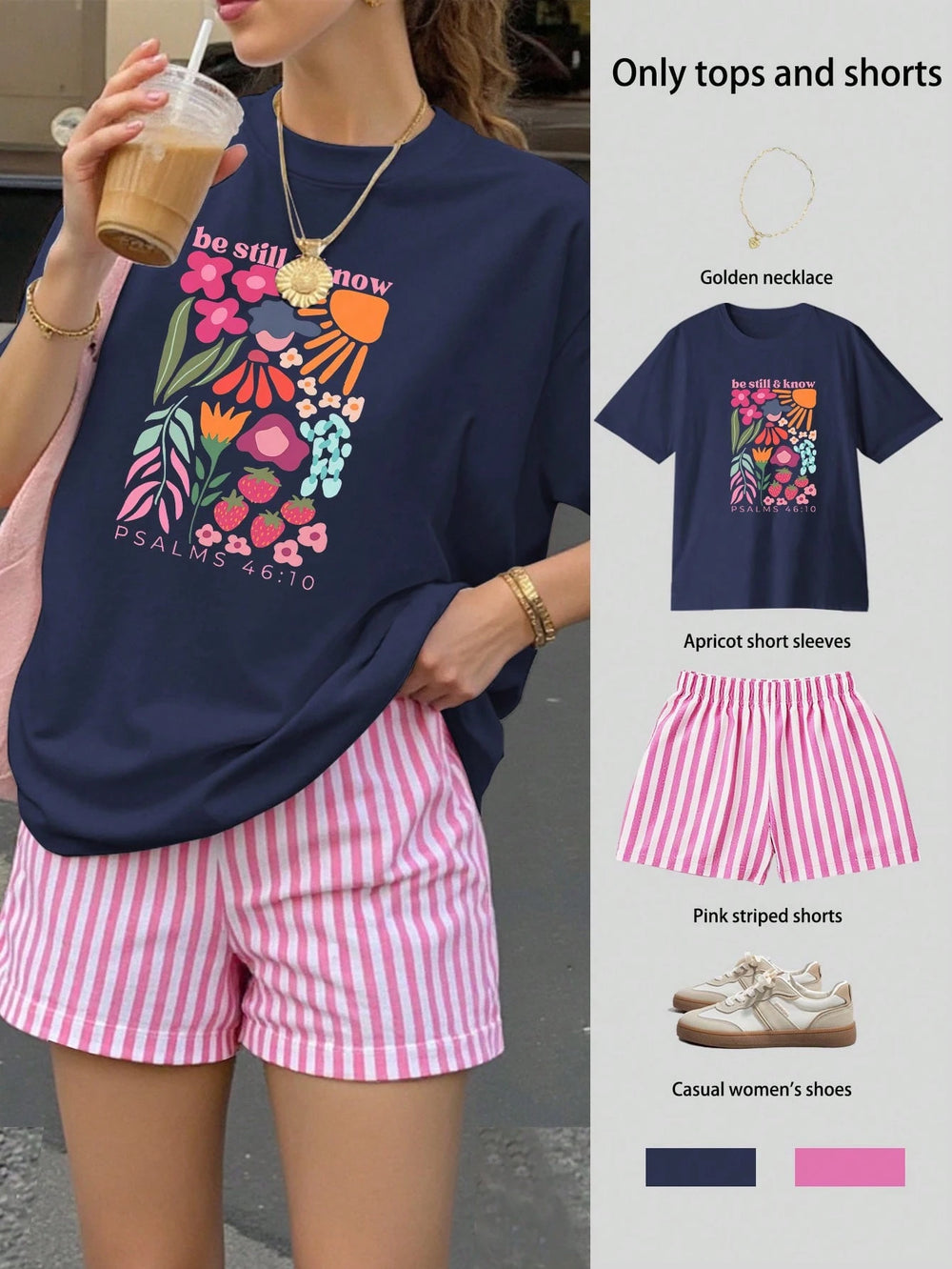 Set de pijama casual azul con shorts rayados vista frontal