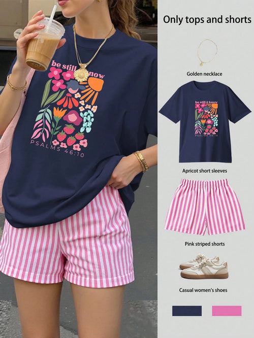 Set de pijama casual azul con shorts rayados vista frontal