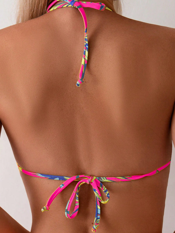 Bikini tropical rosa fucsia de dos piezas espalda con ajuste