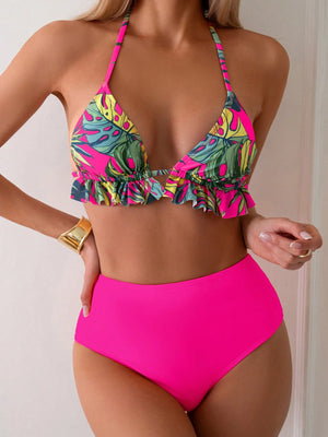 Bikini tropical rosa fucsia de dos piezas vista frontal
