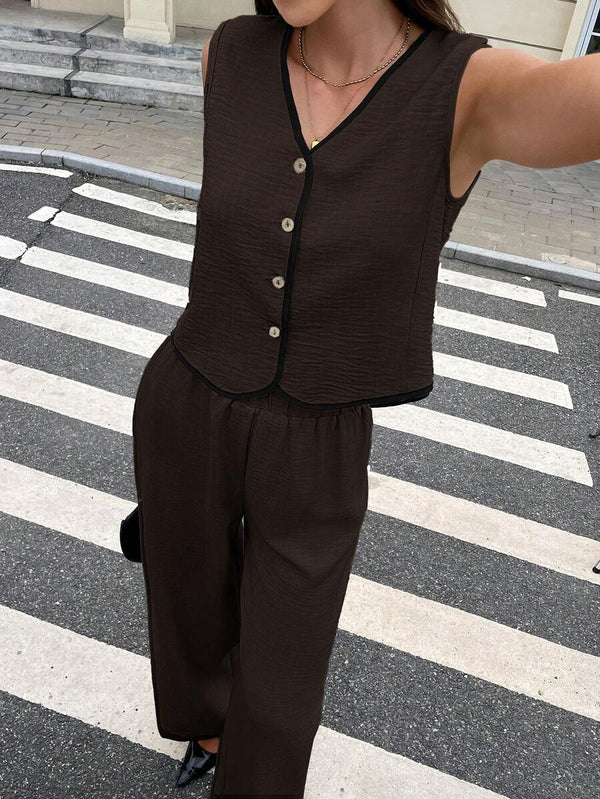 Conjunto De Chaleco Y Pantalón Marrón Elegante