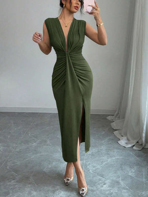 Vestido Midi Drapeado Con Escote Profundo Verde Olivo
