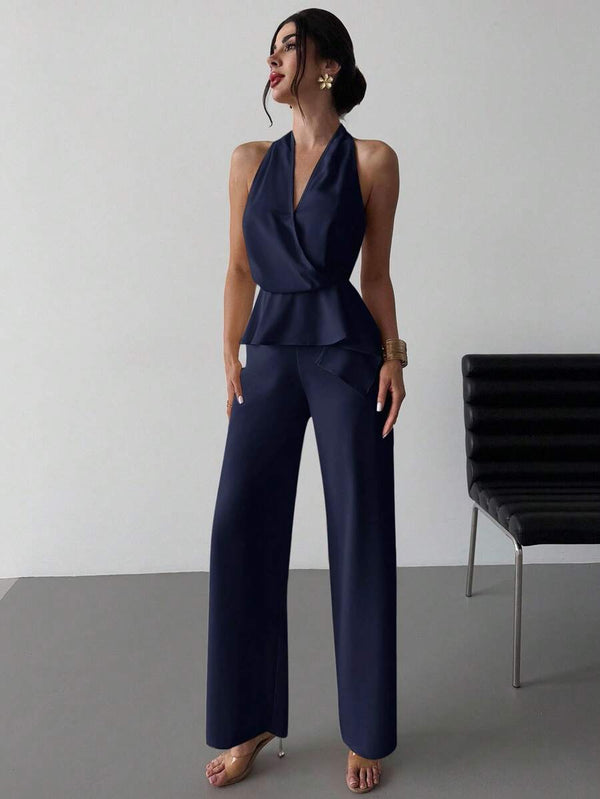 Conjunto Elegante Halter Con Lazo Azul Marino