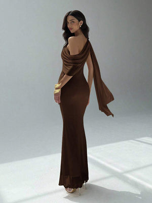 Vestido Maxi Elegante Asimétrico Café