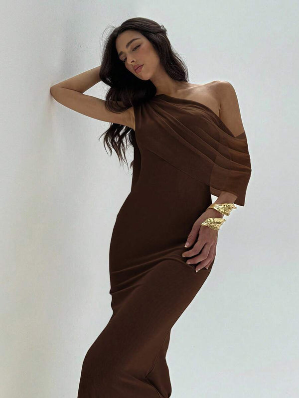 Vestido Maxi Elegante Asimétrico Café