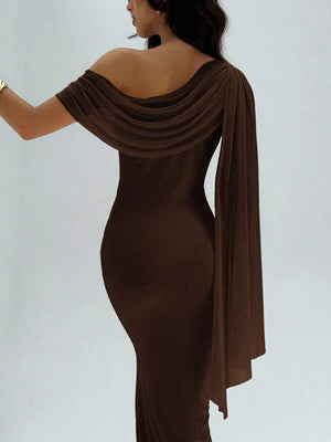 Vestido Maxi Elegante Asimétrico Café