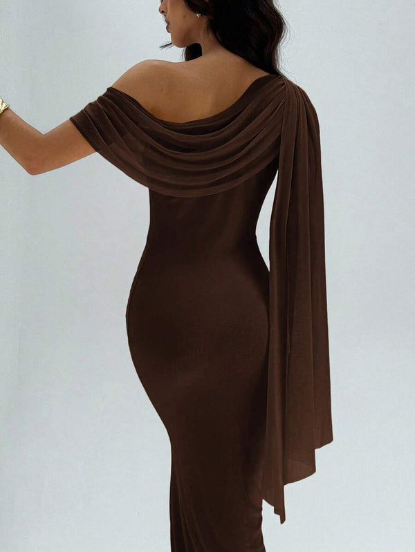 Vestido Maxi Elegante Asimétrico Café