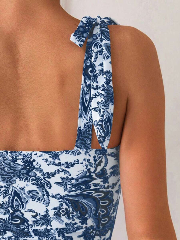 Body Floral Con Hombros Anudados Azul y Blanco
