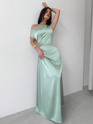 Vestido Largo Asimétrico De Satín Verde Menta