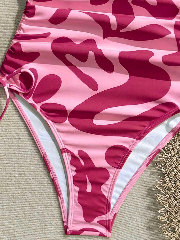 Traje De Baño Asimétrico Rosa Con Estampado Vibrante Y Fruncido