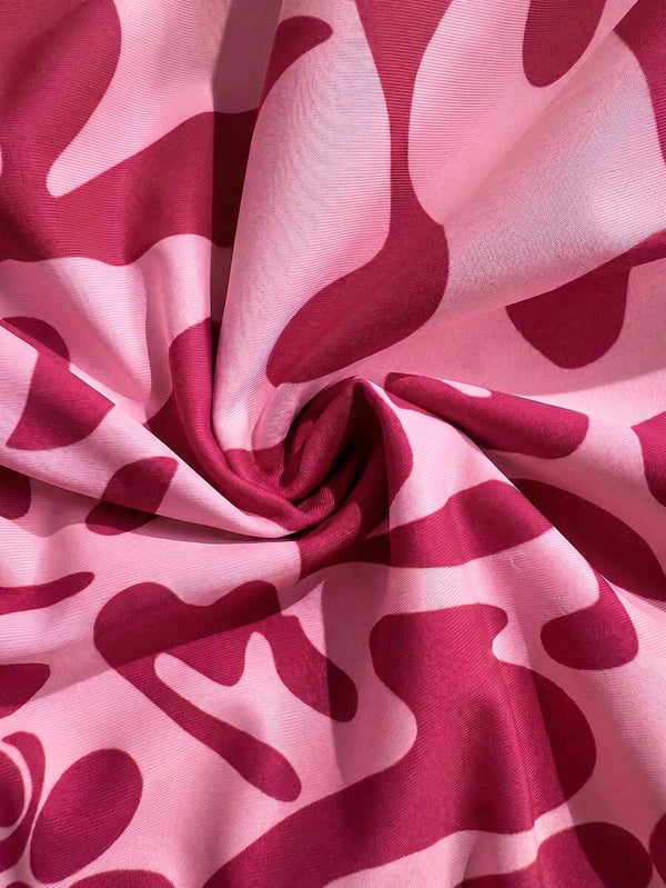 Traje De Baño Asimétrico Rosa Con Estampado Vibrante Y Fruncido