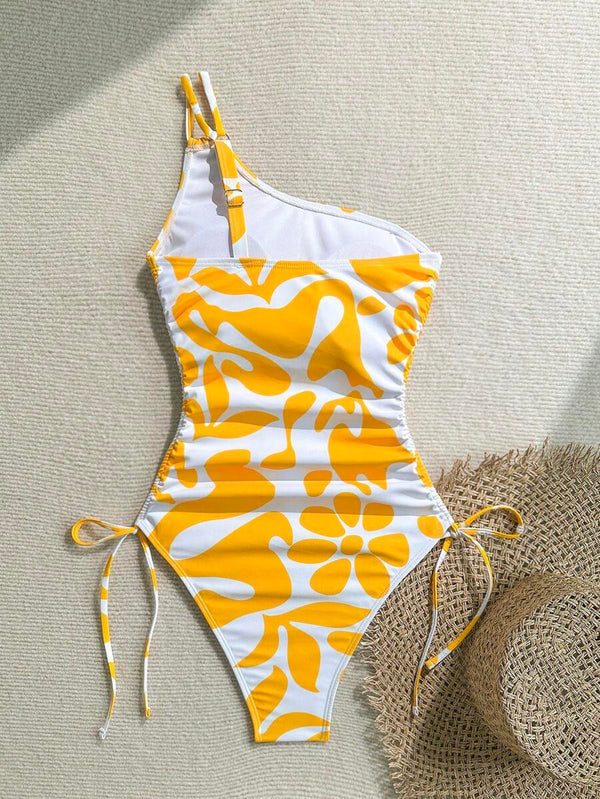 Traje de baño de mujer de un hombro con cordones ajustables laterales, ideal para playa y piscina.