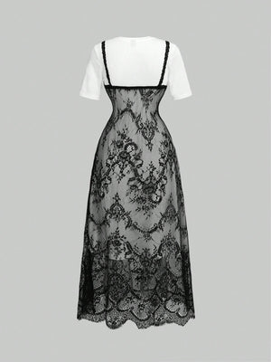 Vestido Largo Blanco Y Negro Con Encaje En Contraste vista posterior