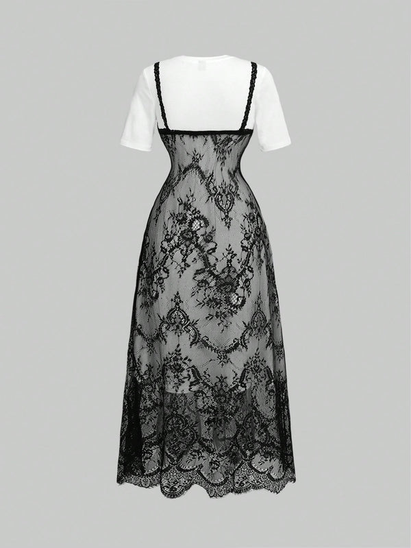 Vestido Largo Blanco Y Negro Con Encaje En Contraste vista posterior