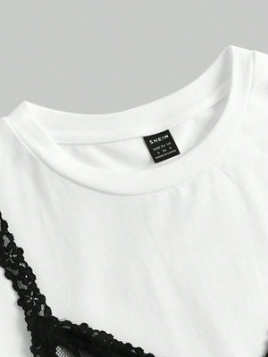 Escote redondo del Vestido Largo Blanco Y Negro Con Encaje En Contraste