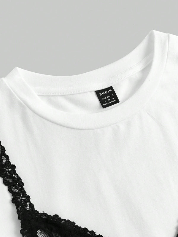 Escote redondo del Vestido Largo Blanco Y Negro Con Encaje En Contraste