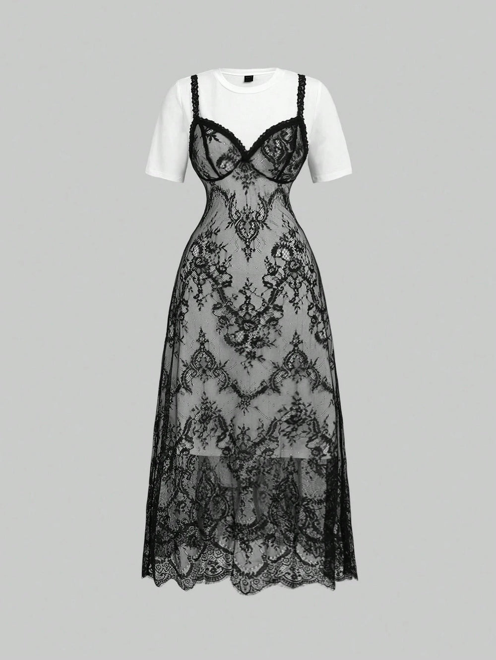 Vestido Largo Blanco Y Negro Con Encaje En Contraste vista frontal