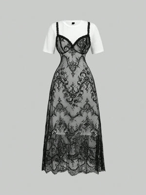 Vestido Largo Blanco Y Negro Con Encaje En Contraste vista frontal