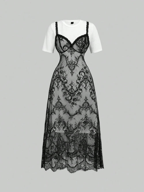 Vestido Largo Blanco Y Negro Con Encaje En Contraste vista frontal