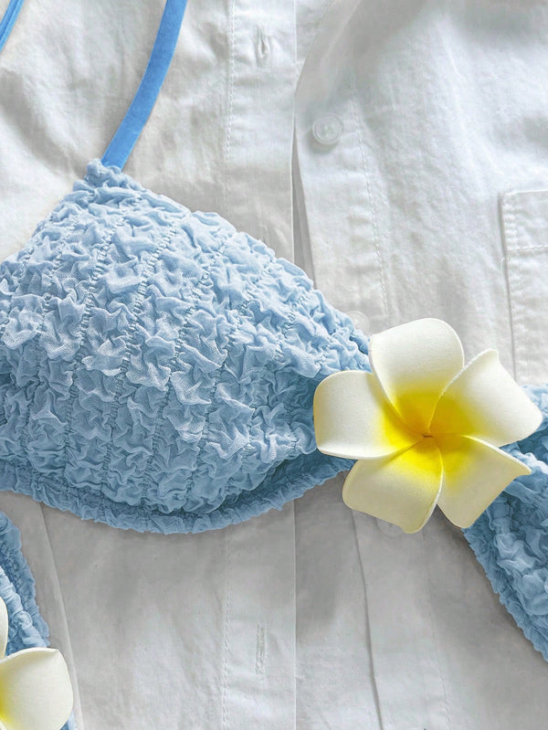 Bikini Celeste Textura Con Rosa 3D Y Hebilla