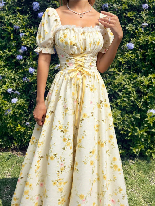 Vestido floral midi con manga farol