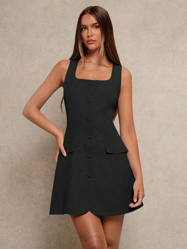 Detalle del escote cuadrado del vestido negro elegante.