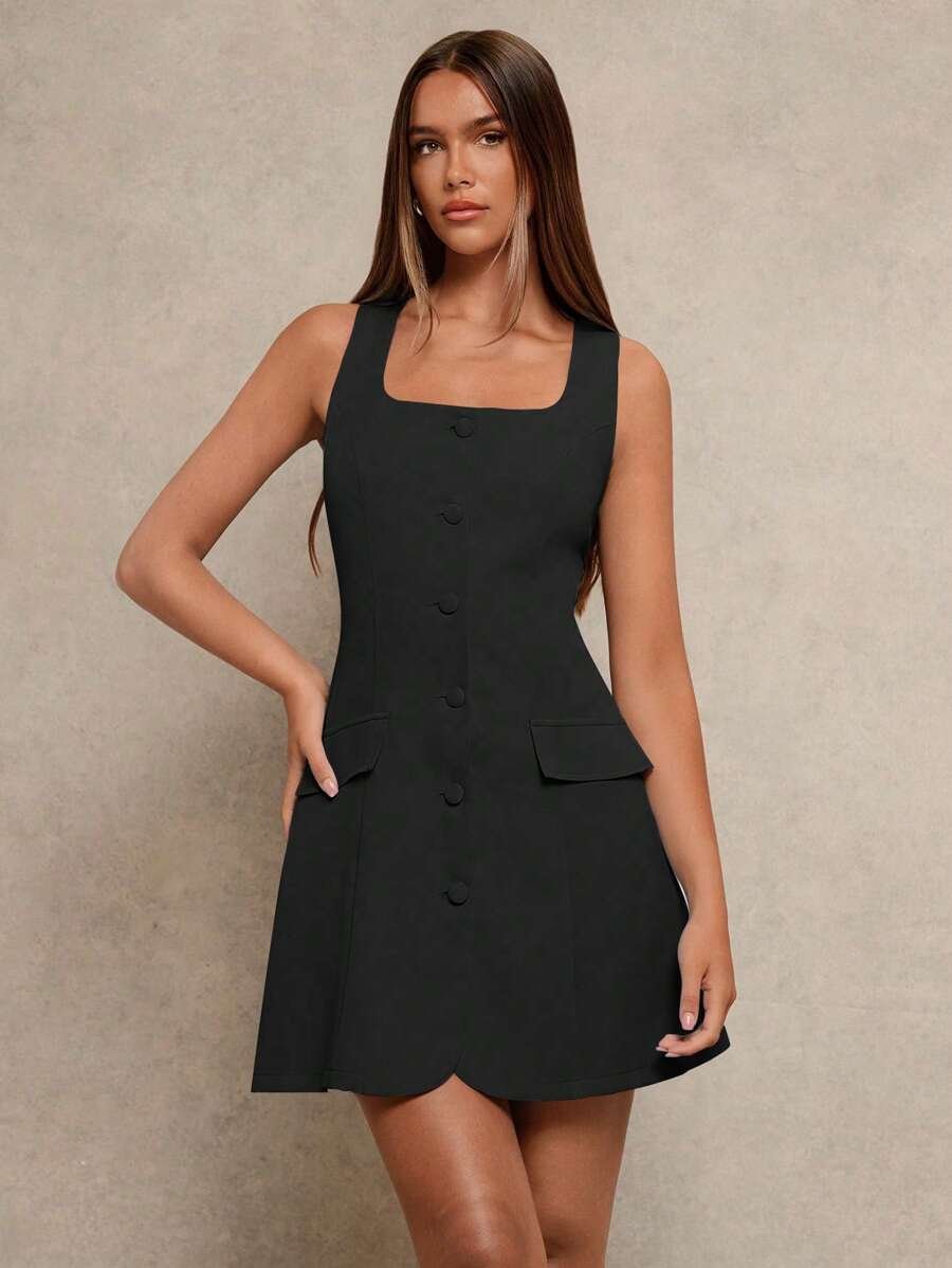 Imagen frontal del vestido negro elegante con botones y escote cuadrado.