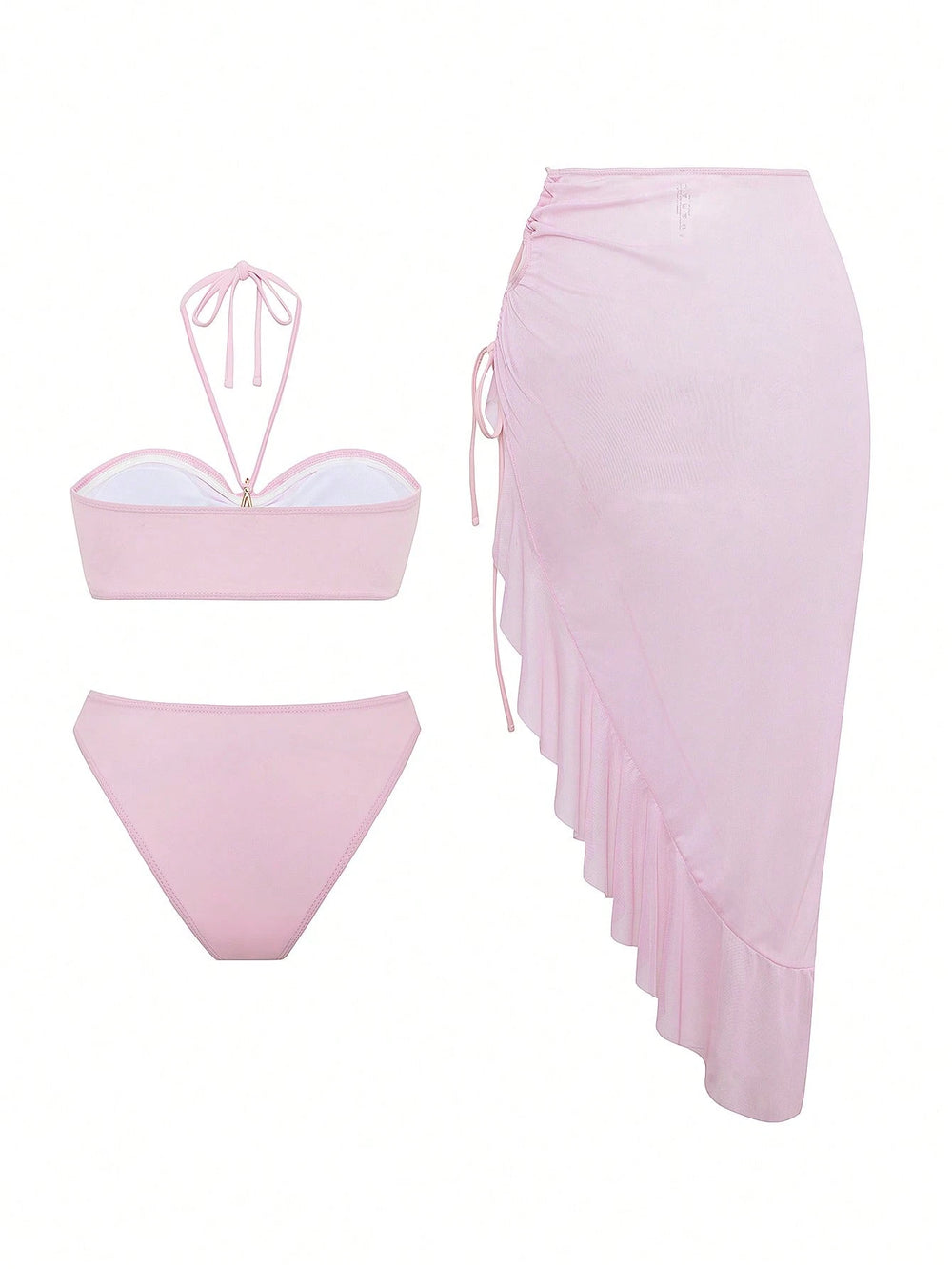 Bikini rosa pálido bohemio con falda asimétrica set 3 piezas vista frontal.

