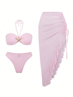Bikini rosa pálido bohemio con falda asimétrica set 3 piezas vista frontal.
