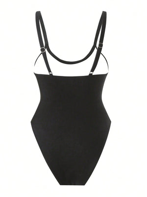 Traje de baño negro sexy con flores rosadas estilo completo