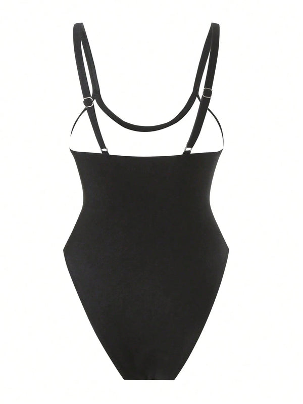 Traje de baño negro sexy con flores rosadas estilo completo