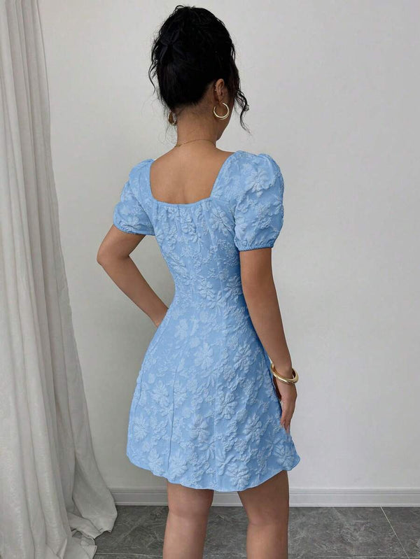 Vestido azul corte A línea elegante vista trasera