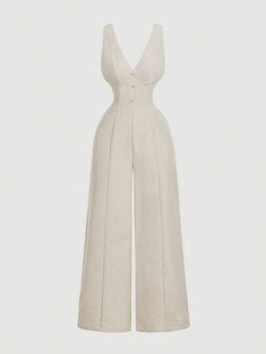 Jumpsuit Elegante De Lino Con Pierna Ancha Beige