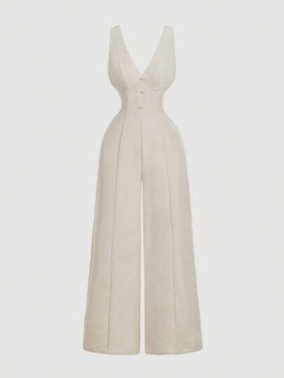 Jumpsuit Elegante De Lino Con Pierna Ancha Beige
