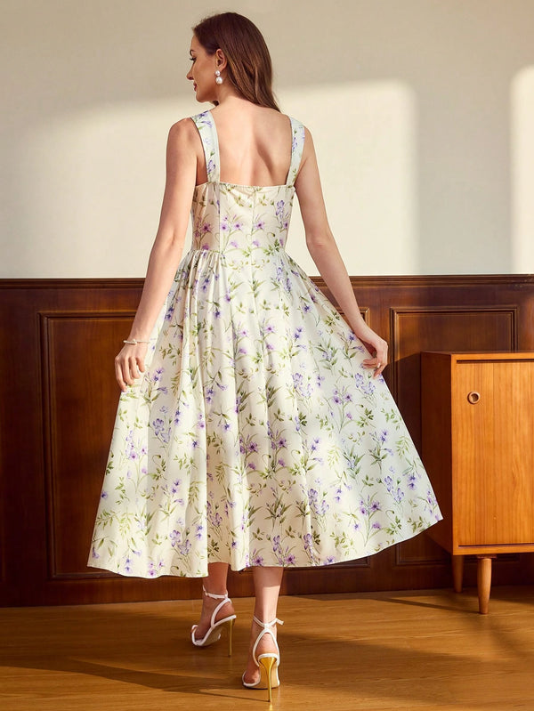 Vestido midi floral albaricoque con diseño bohemio de espalda