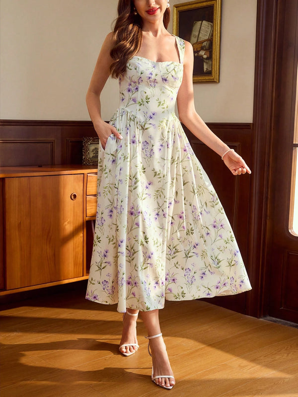 Modelo con vestido bohemio midi floral albaricoque y bolsillos