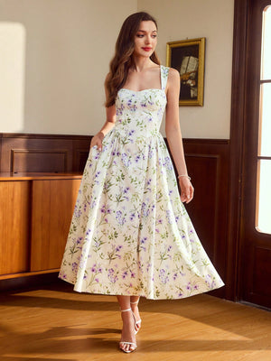 Vestido bohemio midi floral albaricoque de frente