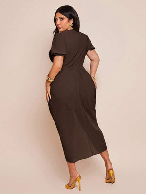 Vestido Midi Elegante Con Manga Abullonada Café