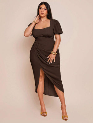 Vestido Midi Elegante Con Manga Abullonada Café
