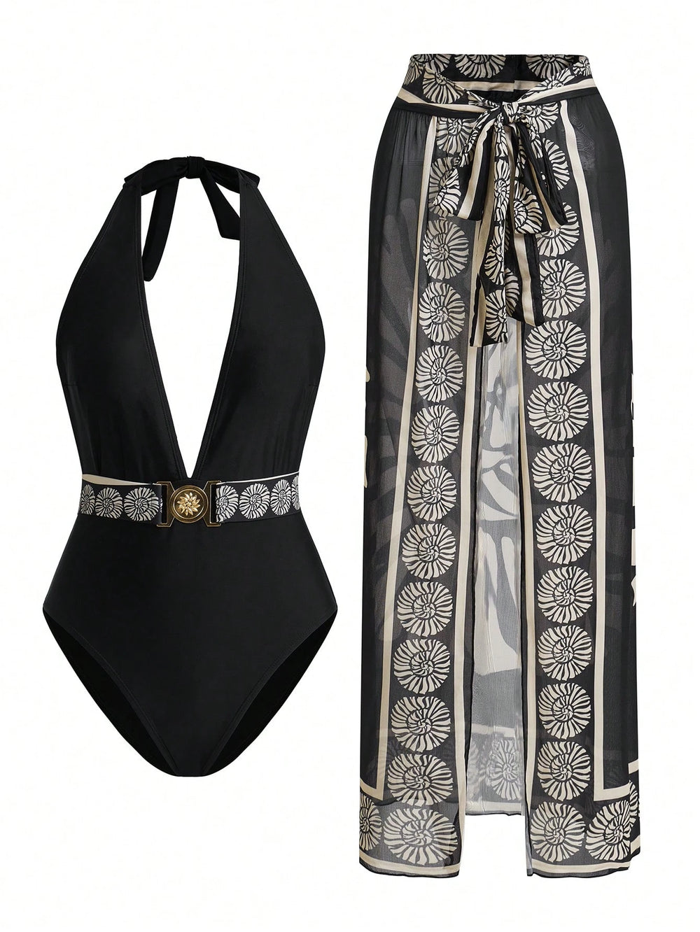 Traje De Baño Negro Con Falda Larga Semitransparente Y Cinturón