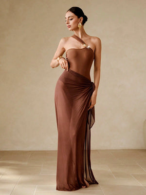 Traje de baño marrón asimétrico con falda elegante DAKARI