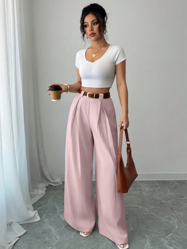 Pantalón rosa casual de pierna ancha con bolsillos