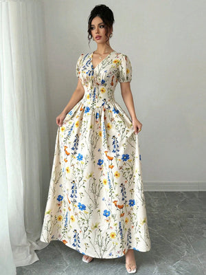 Vestido maxi floral bohemio con escote en V vista frontal
