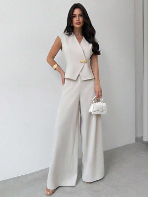 Conjunto Sofisticado De Chaleco y Pantalón Beige